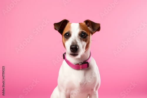 jack russel dog or puppy on pink background studio portrait. Pet products store, vet clinic, grooming salon poster banner.