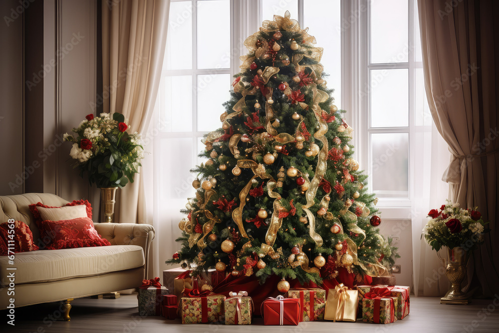 House interior with Christmas glowing tree and gifts, holiday room concept background