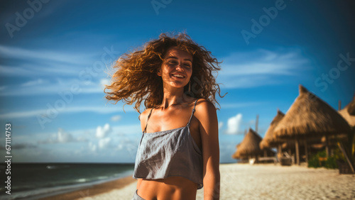natural woman with brown curly hair on the beach