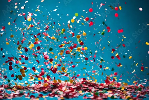 Flying colored confetti against a blue backdrop