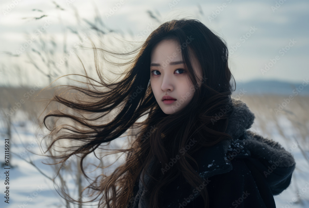 Young woman standing in the fields on a winter scene Young woman standing in the fields on a winter scene