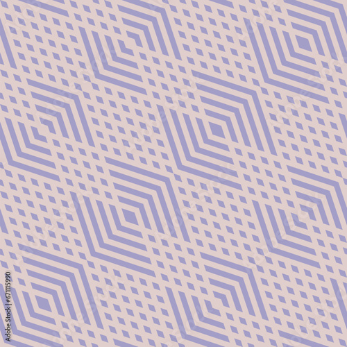 Abstract seamless pattern with diagonal geometric lines, chevron design, rhombus grid. Vector simple background in lilac and beige color. Repeat ornament texture, funky retro-inspired decor