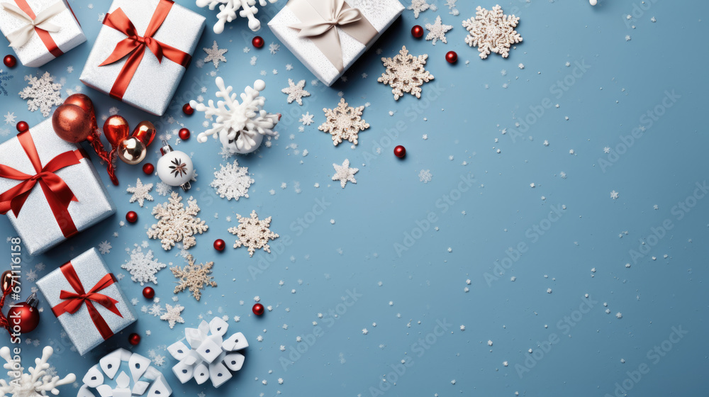 Gift boxes with christmas decorations on a blue background. Top view. Flat lay. Gift boxes with christmas decorations on a blue background. Top view. Flat lay.