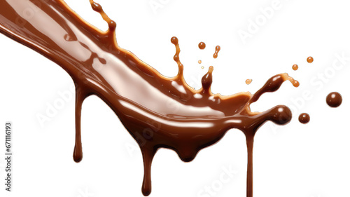 Pouring chocolate dripping white background.