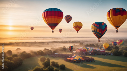 A serene and colorful hot air balloon festival at sunrise. Whimsical, aerial adventure.