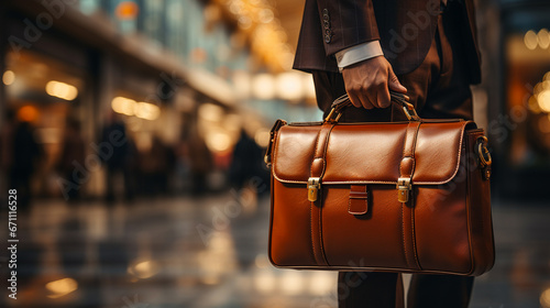 Businessman with briefcase on the way to work. Man in a suit and leather suitcase about to go on a business trip. Man on his way to a work meeting. Person working. Traveler at airport. Lawyer. photo