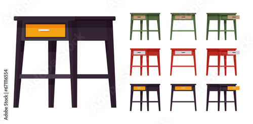 Nightstand natural bright big set, bedside table with sliding drawer. Bedroom storage, living room, bedchamber item. Vector flat style cartoon home, office furniture objects isolated, white background