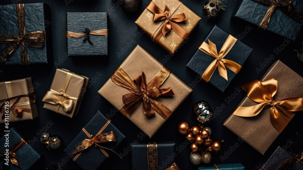 Fototapeta premium Gift boxes on a dark background. Top view. Flat lay.