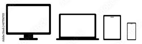 Mockups of devices on isolated background. Vector set of phone, tablet, laptop and computer. Empty screen mockup. Vector EPS 10	
