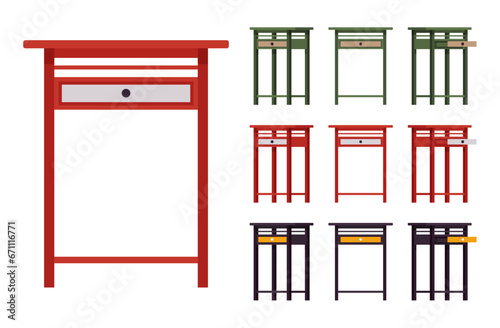 Tall nightstand with storage drawer bright wood big set. Side sofa table, plant, telephone stand, bedside item. Vector flat style cartoon home, office furniture objects isolated on white background