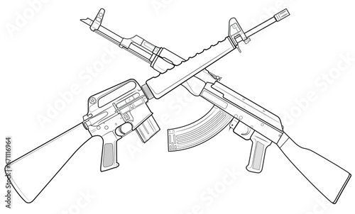 Vector illustration of two crossed rifles, american M16 and soviet AK47 on the white background.