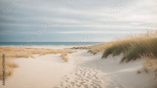 A serene, minimalistic beach scene with calm waves and soft sand. Coastal relaxation.