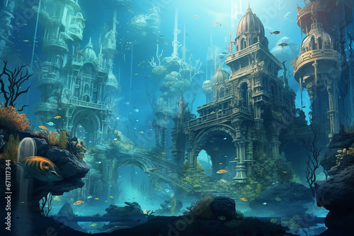 Fantasy underwater seascape with lost city, Fantasy sunken city under water © Wuttichaik