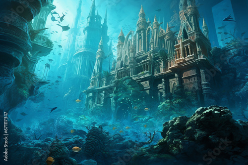 Fantasy underwater seascape with lost city, Fantasy sunken city under water photo
