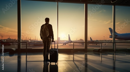 Young businessman with suitcase at airport terminal. Travel and tourism concept.