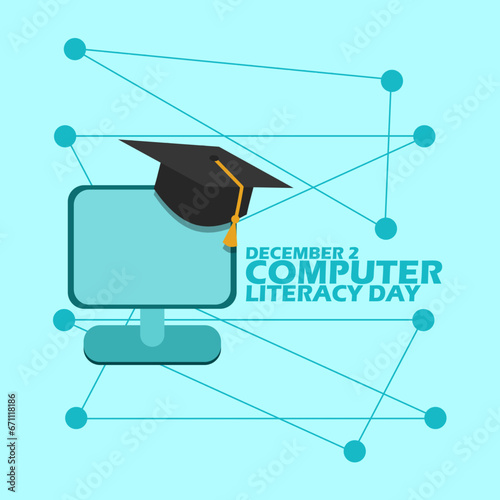 A computer monitor screen with a toga hat, networks and bold text on light blue background to commemorate World Computer Literacy Day on December 2