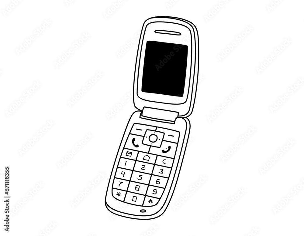 Hand drawn cute outline illustration of retro cell flip mobile phone. Flat vector old mobile telephone with buttons sticker in line art doodle style. Call device icon or print. Isolated on background. Hand drawn cute outline illustration of retro cell flip mobile phone. Flat vector old mobile telephone with buttons sticker in line art doodle style. Call device icon or print. Isolated on background.