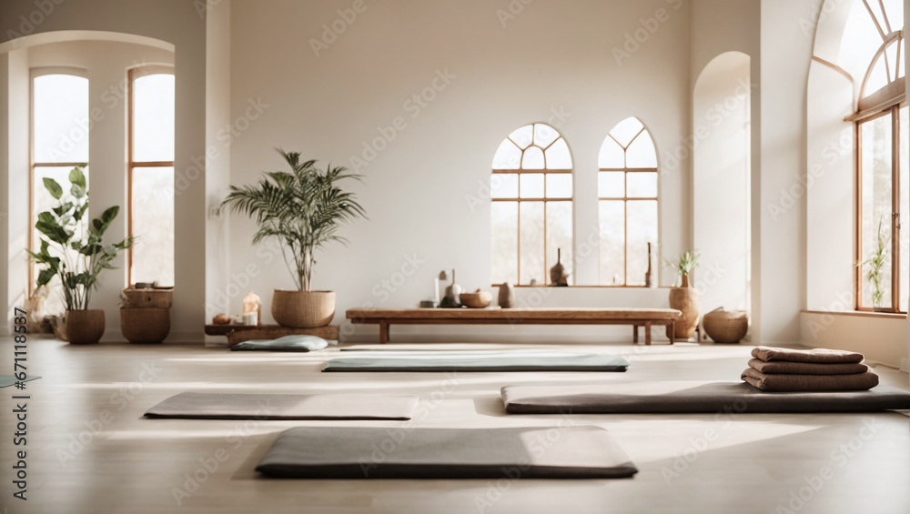 A tranquil and minimalist yoga studio with soft, diffused light. Mindful and relaxing atmosphere.