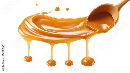 Melted caramel  delicious caramel sauce or maple syrup swirl isolated on white background.