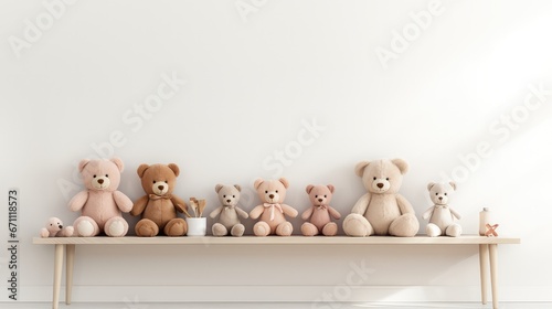 Fototapeta Naklejka Na Ścianę i Meble -  Cute teddy bears on shelf in children room. 3d rendering