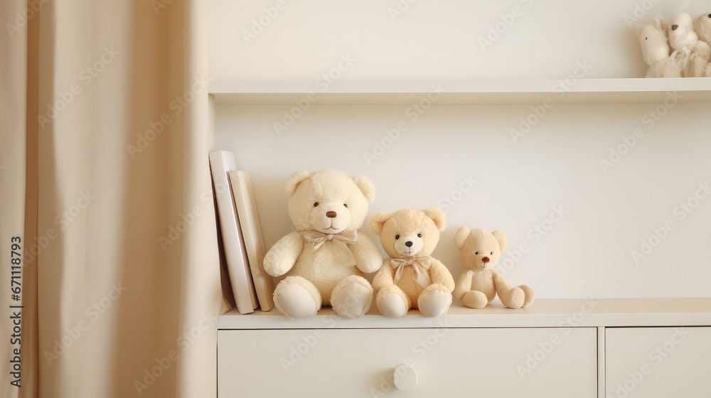 Teddy bears on white chest of drawers, interior design concept Teddy bears on white chest of drawers, interior design concept