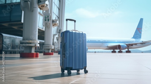 Luggage in airport terminal with airplane in the background.