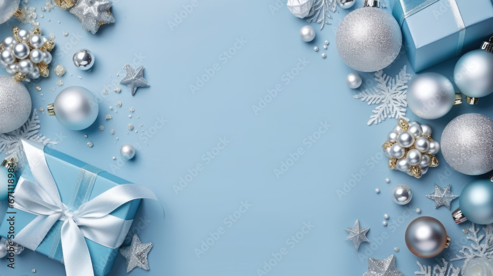Gift boxes with christmas decorations on a blue background. Top view. Flat lay. Gift boxes with christmas decorations on a blue background. Top view. Flat lay.