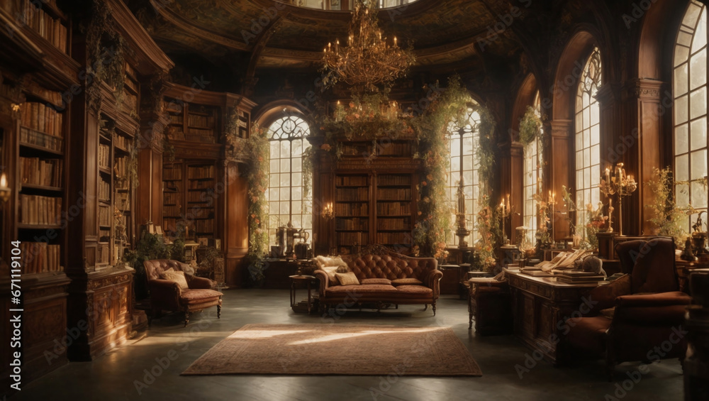 A whimsical, enchanted library filled with sentient books and magical scrolls. Living repository of knowledge.