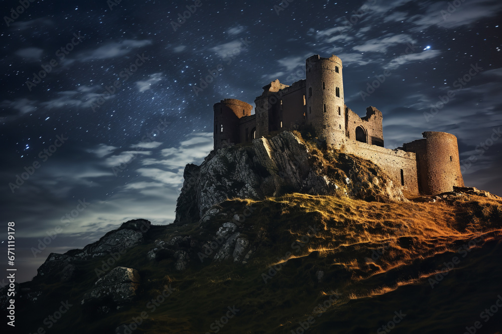 Perched on high terrains, an ageless castle radiates solemnity, its stone façade kissed by the ethereal luminescence of our galaxy.