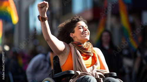 A lady sitting in a wheelchair is raising her arms and shouting loudly on the street, celebrating a victory in her political advocacy. photo