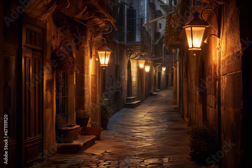 As night envelops the historic district  dim lanterns cast a warm glow over the cobblestones  conjuring whispers of bygone eras and secret tales.