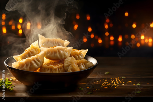 Hot steamed fried dumplings in a plate on a wooden table in kitchen, Delicious Chinese cuisine food photo