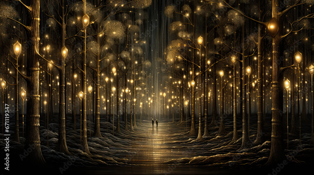 Christmas illustration, people in the street and trees with christmas lights Christmas illustration, people in the street and trees with christmas lights