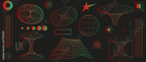 Set 3d cyberpunk gradient abstract Geometric y2k aesthetic elements and wireframe shapes. Geometry shapes retro 2000s design. Vector illustration for social networks, web pages, banners and posters.