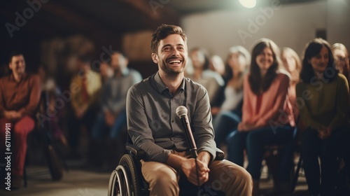 A man in a wheelchair is giving a speech in a public setting, wearing a smile
