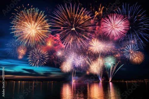 fireworks above water with reflection on the black sky background.