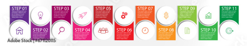 11 step infographic, simple infographic design consisting of eleven interrelated parts, circle design combined with lines, icons and colors, good for your business presentation