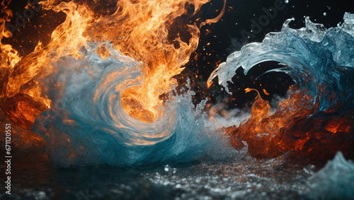 An abstract representation of the elements of fire and ice colliding. Elemental clash of energy.