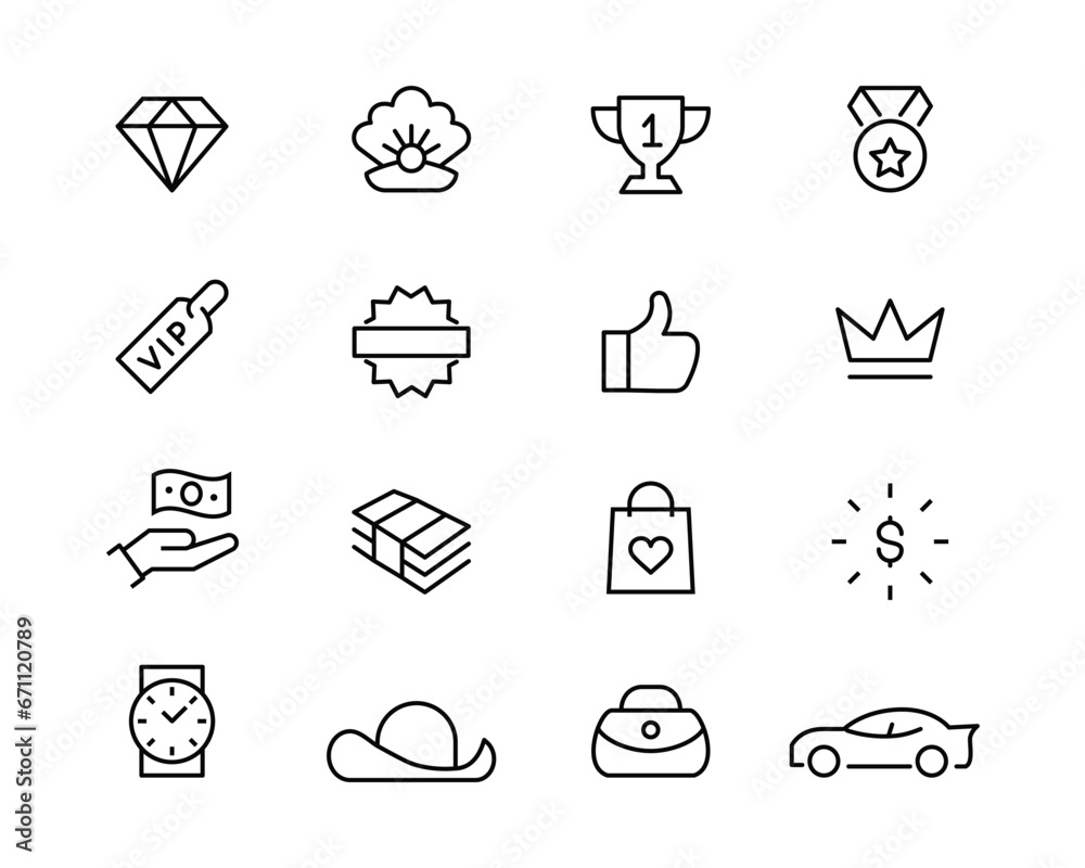 basic luxury icon set. premium quality elements Containing Crown diamond, rich, gem, assets, expensive, jewelry, VIP, wealth and money icons editable stroke isolated on white, linear vector outline