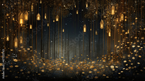 Christmas illustration  golden lights in the forest