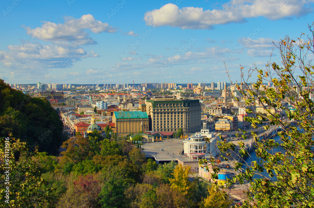 Aerial landscape view of Kyiv. Poshtova Square (Postal Square) is one of the oldest historic squares of the city. Famous touristic place and travel destination in Kyiv. Sunny autumn day