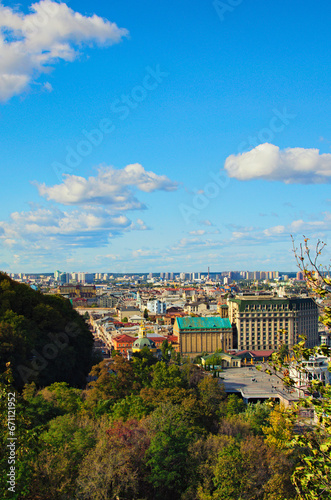 Aerial landscape view of Kyiv. Poshtova Square (Postal Square) is one of the oldest historic squares of the city. Famous touristic place and travel destination in Kyiv. Sunny autumn day