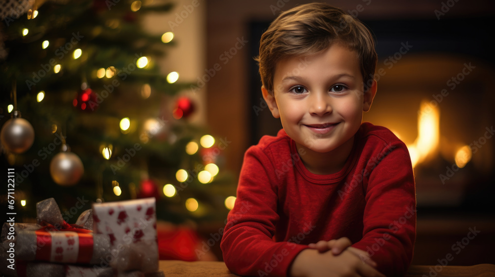 Portrait of a little boy smiling in front of a decorated Christmas tree at home Portrait of a little boy smiling in front of a decorated Christmas tree at home