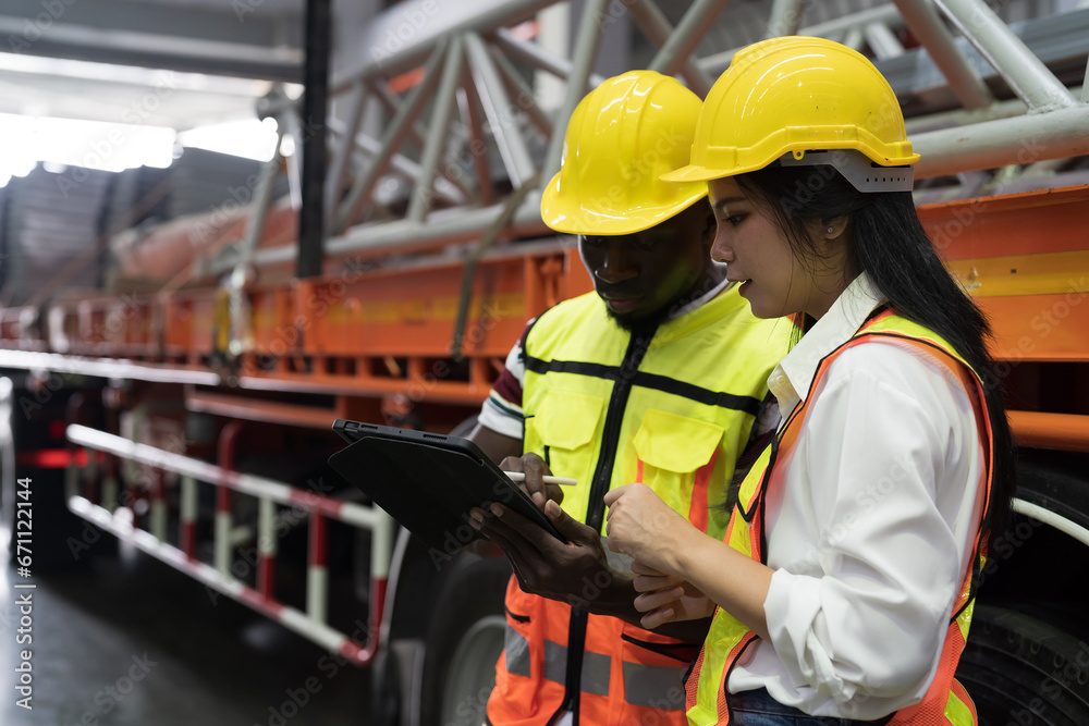 Metalwork manufacturing. Warehouse of raw materials. Aluminum material. Male and female factory worker checking list of materials at aluminum material warehouse Metalwork manufacturing. Warehouse of raw materials. Aluminum material. Male and female factory worker checking list of materials at aluminum material warehouse
