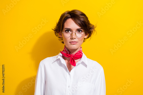Portrait of confident elegant young woman wear gucci red trendy kerchief charming person stunning isolated on yellow color background