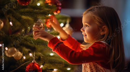 A little girl decorates Christmas tree .