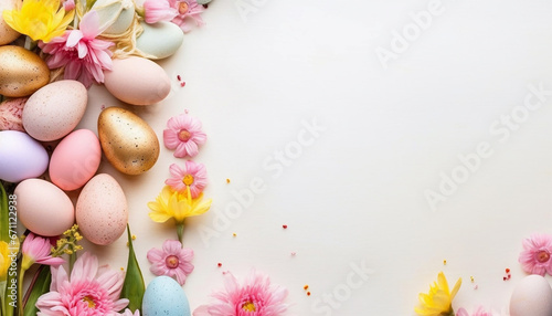 Happy Easter  Colorful Easter eggs with blossoms and spring flowers. flat lay on light background. Stylish tender spring template with space for text. Greeting card or banner Copy space 
