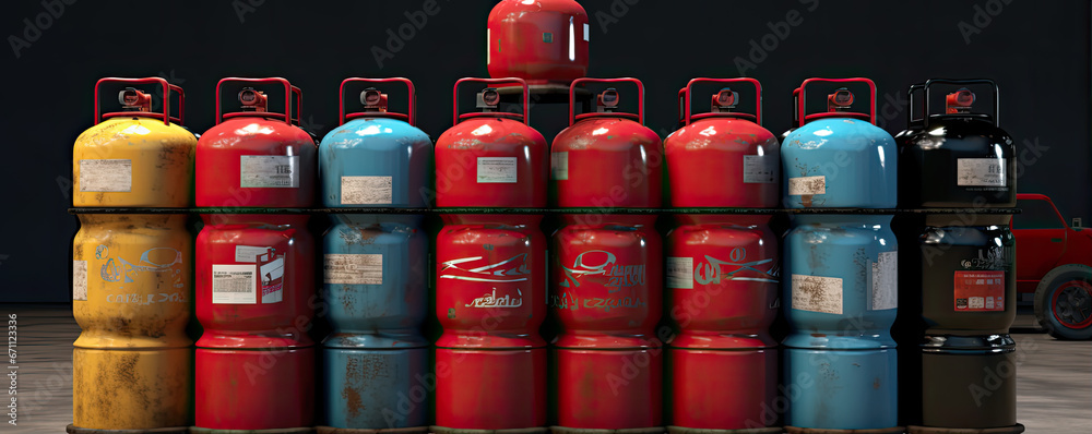 gas bottles in row at diverse colors. Lpg or Propane tanks filled with gass. gas bottles in row at diverse colors. Lpg or Propane tanks filled with gass.