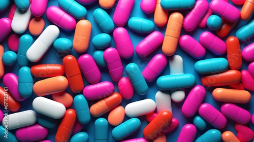 Background pattern of pills and medicine capsules on colored background
