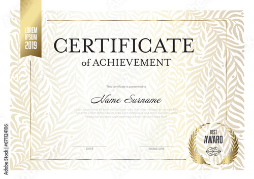 Modern light golden certificate template with golden floral pattern